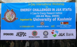 Conference banner in typical Indian style for the inaugural workshop to establish an energy institute in Kashmir.